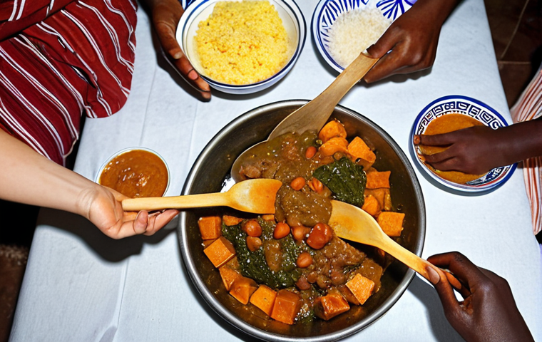 A warm, authentic scene of a Rwandan family or group gathered around a low table or mat, sharing a meal. In the center, a large, inviting bowl of light-colored Ugali is prominent, with smaller bowls of rich, earthy stews like Ibisohri (sweet potato and bean stew, possibly with plantains) or Isombe (cassava leaf stew with peanut sauce) surrounding it. Hands are visible, reaching to scoop food, emphasizing communal eating. The setting is simple and traditional, with natural light highlighting the textures of the food.
