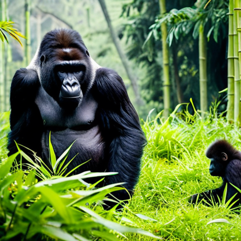 A striking scene of a family of mountain gorillas in their natural habitat within the misty, lush green forest of Volcanoes National Park, Rwanda. A powerful silverback gorilla calmly observes, while a mother gorilla gently tends to her young, surrounded by dense bamboo and tropical foliage. The gorillas exhibit perfect anatomy, correct proportions, and a natural pose, fully clothed in their natural fur. Professional wildlife photography, high detail, natural lighting, realistic, safe for work, appropriate content, family-friendly.