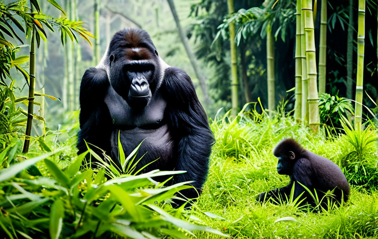 A striking scene of a family of mountain gorillas in their natural habitat within the misty, lush green forest of Volcanoes National Park, Rwanda. A powerful silverback gorilla calmly observes, while a mother gorilla gently tends to her young, surrounded by dense bamboo and tropical foliage. The gorillas exhibit perfect anatomy, correct proportions, and a natural pose, fully clothed in their natural fur. Professional wildlife photography, high detail, natural lighting, realistic, safe for work, appropriate content, family-friendly.