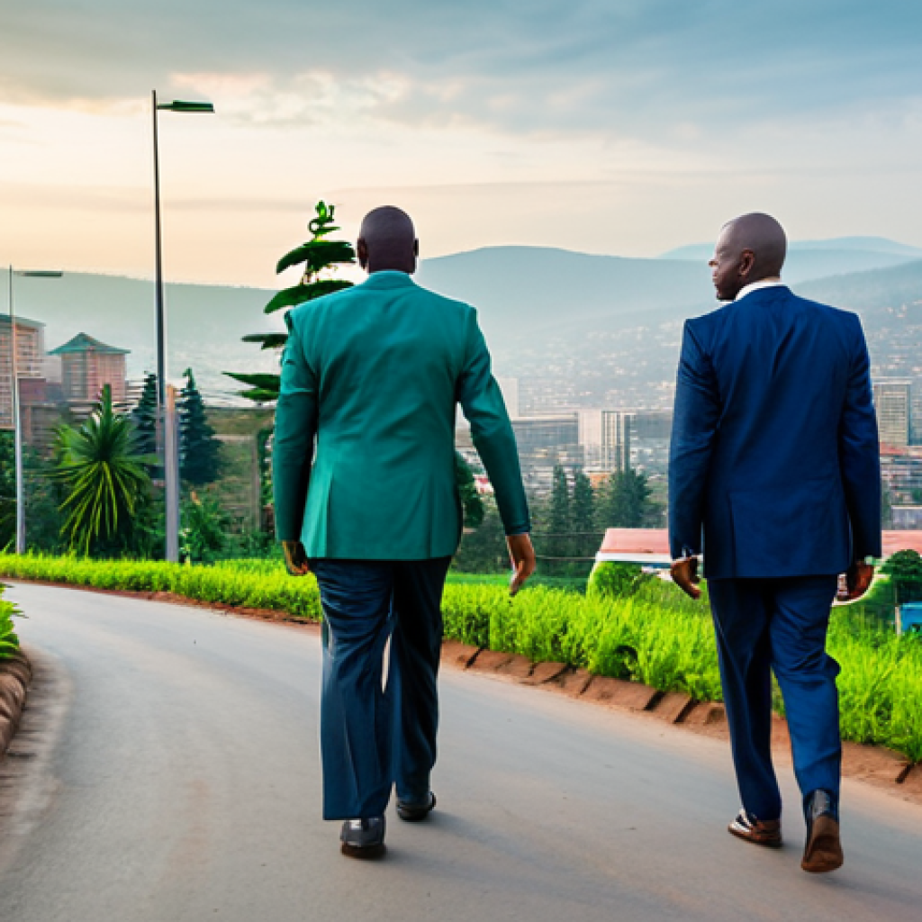 **

"A vibrant Kigali cityscape at sunrise, showcasing modern architecture alongside lush green hills. Businesspeople in professional attire walk purposefully on clean streets. Focus on the city's progress and positive energy. Safe for work, appropriate content, fully clothed, professional, perfect anatomy, correct proportions, natural pose, high quality."

**