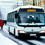 A crowded marshrutka (minibus) in Moscow, filled with diverse passengers, rushing through a snowy street, capturing the typical urban scene, safe for work, appropriate content, fully clothed, professional, perfect anatomy, natural proportions, family-friendly.