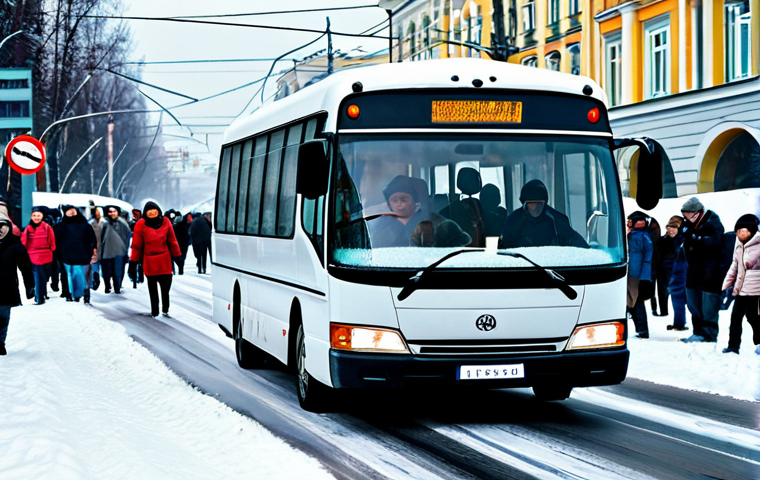 A crowded marshrutka (minibus) in Moscow, filled with diverse passengers, rushing through a snowy street, capturing the typical urban scene, safe for work, appropriate content, fully clothed, professional, perfect anatomy, natural proportions, family-friendly.