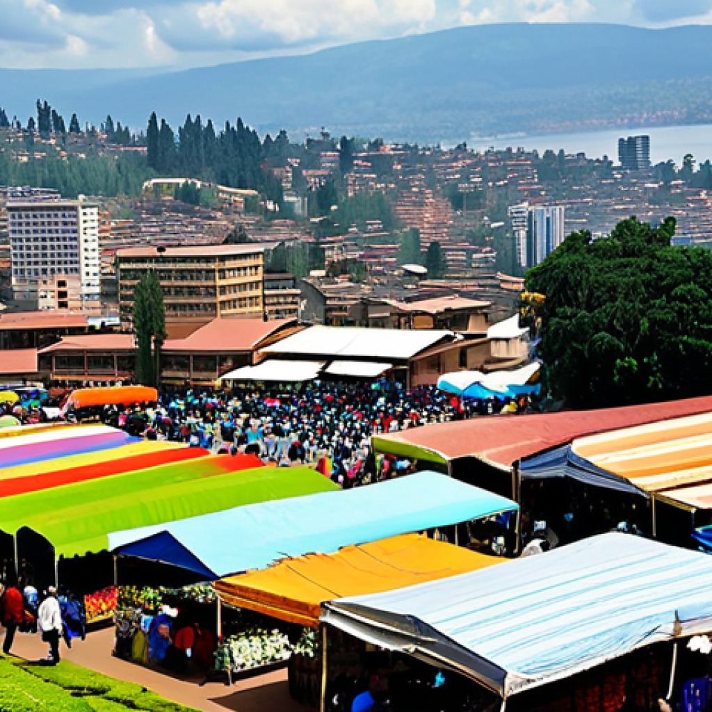 Kigali Cityscape**

"A panoramic view of Kigali, Rwanda, showcasing the rolling hills and modern architecture, during daytime. In the foreground, a bustling marketplace with vendors selling colorful fabrics and fresh produce, fully clothed people. Background: Lake Kivu shimmering in the distance. Safe for work, appropriate content, professional quality, natural proportions, perfect anatomy, family-friendly."

**