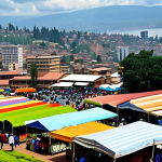 Kigali Cityscape**

"A panoramic view of Kigali, Rwanda, showcasing the rolling hills and modern architecture, during daytime. In the foreground, a bustling marketplace with vendors selling colorful fabrics and fresh produce, fully clothed people. Background: Lake Kivu shimmering in the distance. Safe for work, appropriate content, professional quality, natural proportions, perfect anatomy, family-friendly."

**