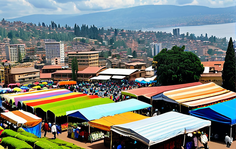 Kigali Cityscape**

"A panoramic view of Kigali, Rwanda, showcasing the rolling hills and modern architecture, during daytime. In the foreground, a bustling marketplace with vendors selling colorful fabrics and fresh produce, fully clothed people. Background: Lake Kivu shimmering in the distance. Safe for work, appropriate content, professional quality, natural proportions, perfect anatomy, family-friendly."

**