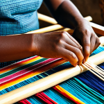 **Close-up of Rwandan Weaver's Hands:** "Detailed shot of a Rwandan woman's hands expertly weaving a colorful textile on a traditional loom. Focus on texture of natural fibers (sisal, cotton), intricate geometric patterns emerging. Warm, natural lighting, safe for work, appropriate content, fully clothed, professional, perfect anatomy, well-formed hands."