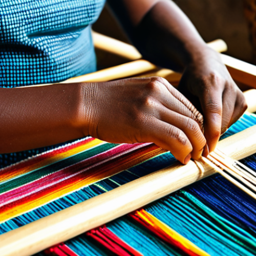 Home 27 **Close-up of Rwandan Weaver's Hands:** "Detailed shot of a Rwandan woman's hands expertly weaving a colorful textile on a traditional loom. Focus on texture of natural fibers (sisal, cotton), intricate geometric patterns emerging. Warm, natural lighting, safe for work, appropriate content, fully clothed, professional, perfect anatomy, well-formed hands."