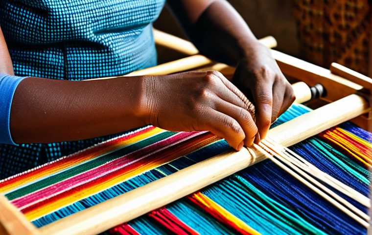 **Close-up of Rwandan Weaver's Hands:** "Detailed shot of a Rwandan woman's hands expertly weaving a colorful textile on a traditional loom. Focus on texture of natural fibers (sisal, cotton), intricate geometric patterns emerging. Warm, natural lighting, safe for work, appropriate content, fully clothed, professional, perfect anatomy, well-formed hands."