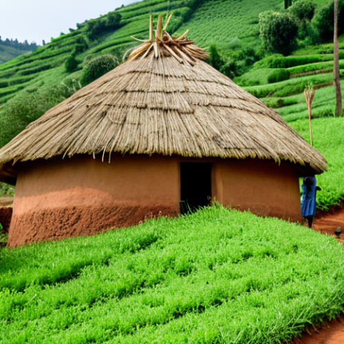 Home 14 **
"A traditional Rwandan 'Ingobe' house nestled in a lush, green hillside village, Rwanda. The house is constructed of clay and thatched grass, with a circular design. Villagers in modest, colorful clothing are seen tending to gardens nearby. Safe for work, appropriate content, fully clothed, professional architectural photography, perfect anatomy, correct proportions, natural pose, family-friendly."
**
