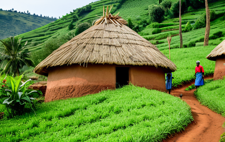 **

"A traditional Rwandan 'Ingobe' house nestled in a lush, green hillside village, Rwanda. The house is constructed of clay and thatched grass, with a circular design. Villagers in modest, colorful clothing are seen tending to gardens nearby. Safe for work, appropriate content, fully clothed, professional architectural photography, perfect anatomy, correct proportions, natural pose, family-friendly."

**