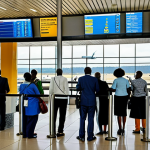 **A bustling scene inside Kigali International Airport.** Focus on diverse travelers in appropriate attire, waiting at gates or checking in. Include airport staff assisting passengers. The background should show airport signage and a glimpse of airplanes outside the windows. Safe for work, fully clothed, professional environment, natural proportions, proper finger count.