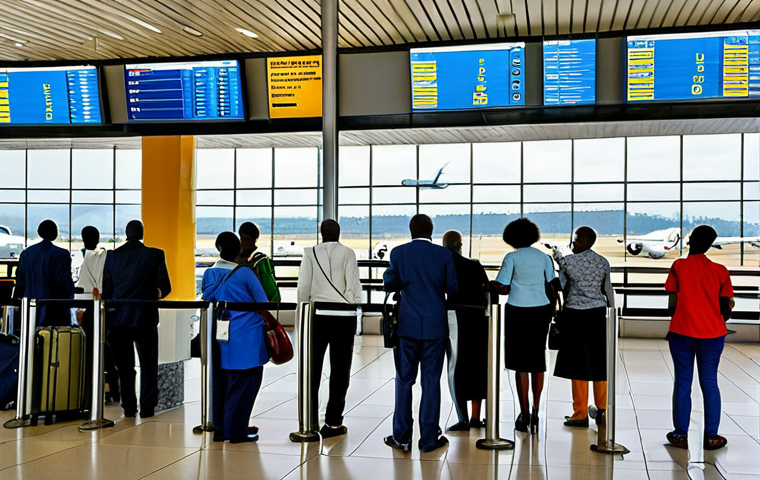 **A bustling scene inside Kigali International Airport.** Focus on diverse travelers in appropriate attire, waiting at gates or checking in. Include airport staff assisting passengers. The background should show airport signage and a glimpse of airplanes outside the windows. Safe for work, fully clothed, professional environment, natural proportions, proper finger count.