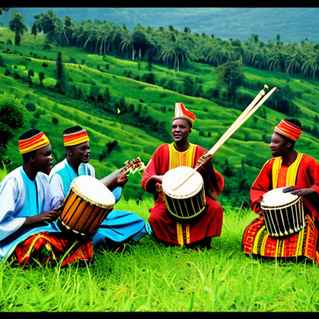 르완다 민속 음악의 사회적 영향 - **Image:** A group of Rwandan musicians, fully clothed in vibrant, traditional Imishanana attire, pl...
