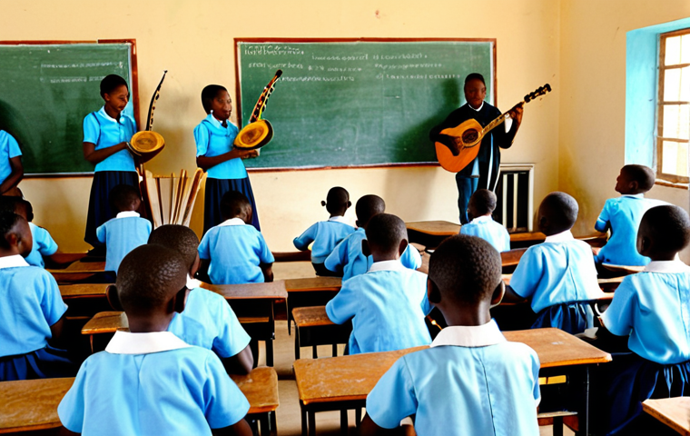 르완다 민속 음악의 사회적 영향 - **Image:** A young Rwandan woman in a modern, modest dress, listening to music on headphones while w...
