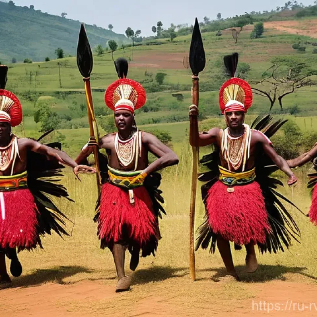 르완다의 전통 춤 교육 - **Rwandan Imbuga Warrior Dance, Full of Power and Tradition**
    A vibrant and dynamic scene depict...