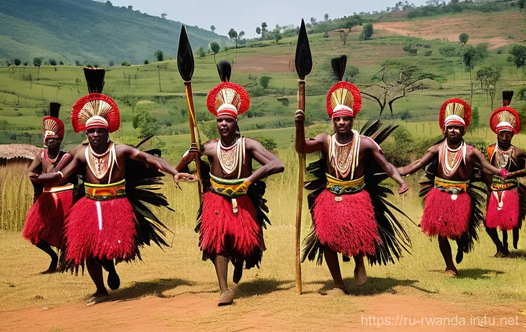 르완다의 전통 춤 교육 - **Rwandan Imbuga Warrior Dance, Full of Power and Tradition**
    A vibrant and dynamic scene depict...