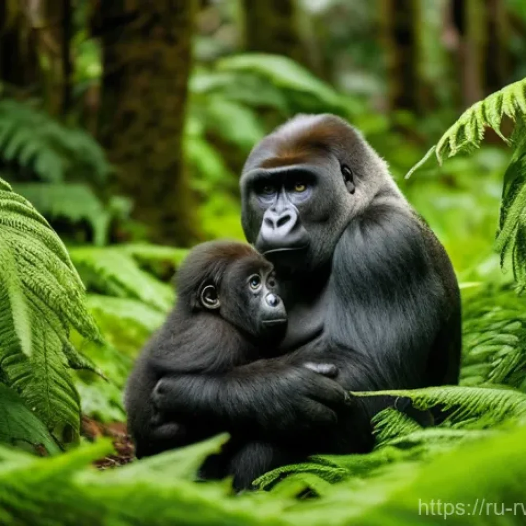 르완다산 고릴라 트레킹 - **A Majestic Mountain Gorilla Family in the Verdant Rwandan Highlands:**
    A serene and powerful s...