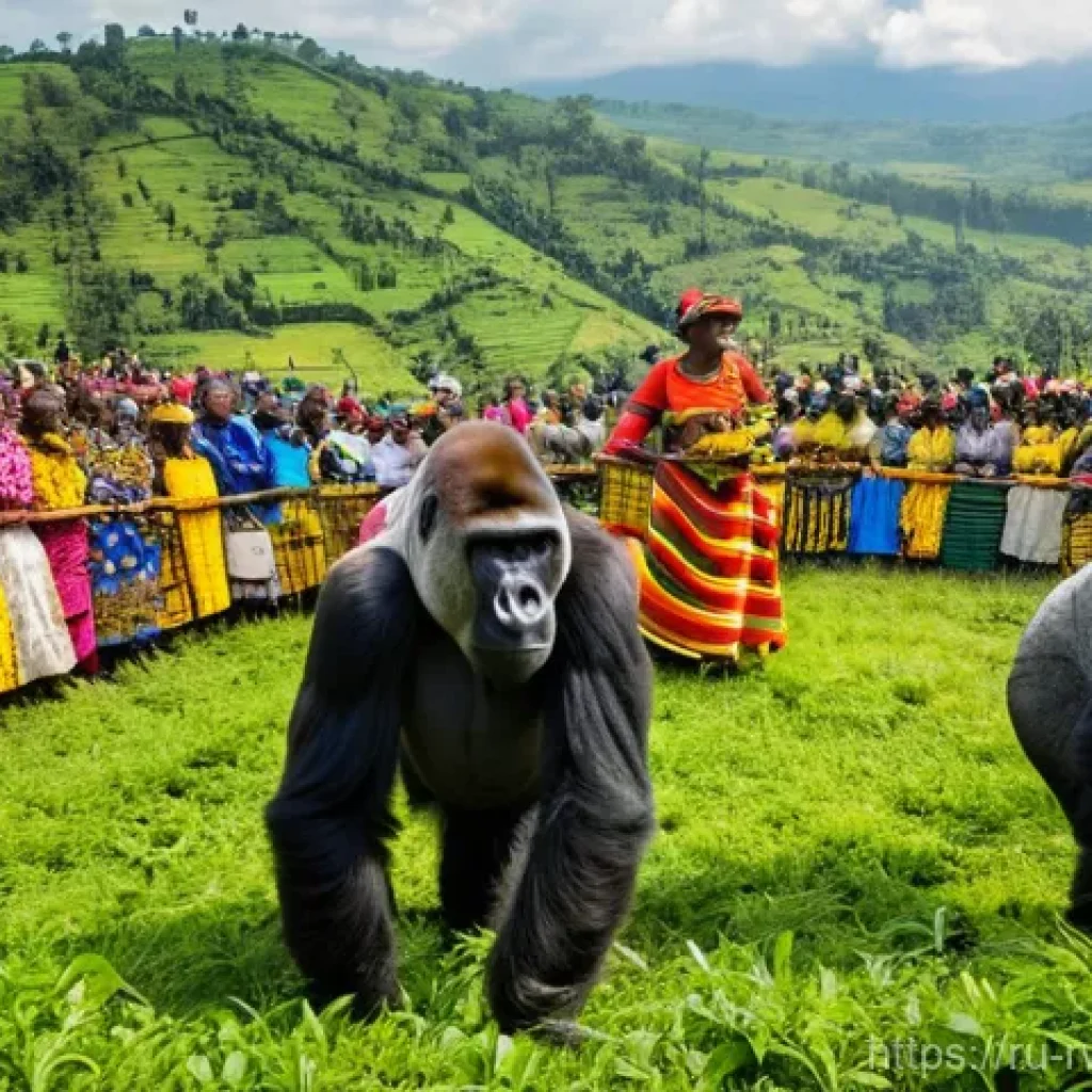 르완다 축제 및 행사 - **Prompt: Kwita Izina (Gorilla Naming Ceremony)**
A vibrant, wide-angle shot of the annual Kwita...