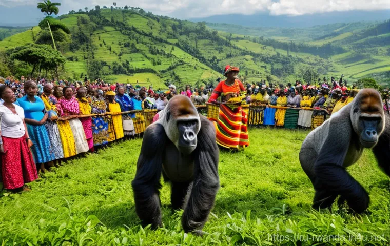 르완다 축제 및 행사 - **Prompt: Kwita Izina (Gorilla Naming Ceremony)**
    A vibrant, wide-angle shot of the annual Kwita...