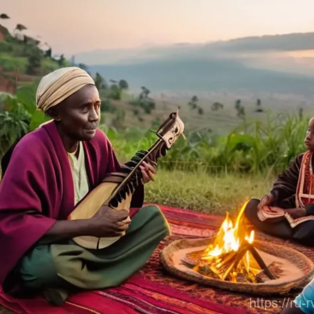 르완다의 민속 음악 트렌드 - **Prompt:** A serene scene of an elderly Rwandan master musician, with wise and gentle eyes, sitting...