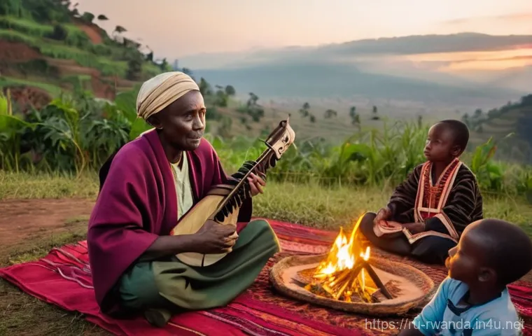 르완다의 민속 음악 트렌드 - **Prompt:** A serene scene of an elderly Rwandan master musician, with wise and gentle eyes, sitting...