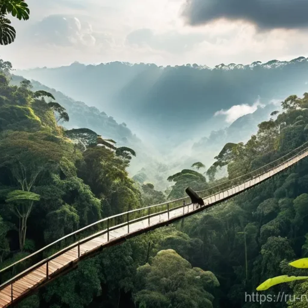 르완다 유네스코 등재 유산 - **Prompt:** A breathtaking view from a canopy walkway suspended high above the dense, ancient rainfo...