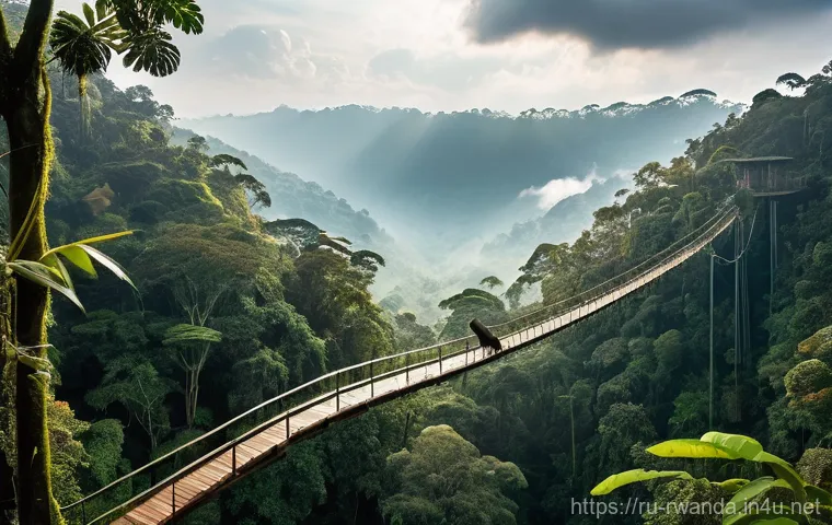 르완다 유네스코 등재 유산 - **Prompt:** A breathtaking view from a canopy walkway suspended high above the dense, ancient rainfo...