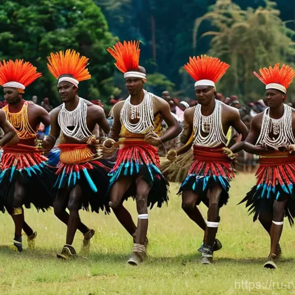 르완다 민속 춤의 지역적 차이 - **"Intore Warrior Dance: A group of Rwandan male Intore dancers, mid-performance, showcasing powerfu...