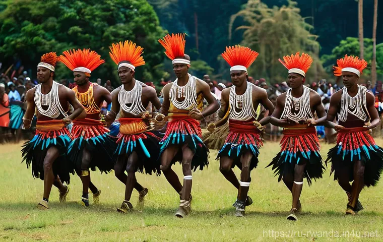 르완다 민속 춤의 지역적 차이 - **"Intore Warrior Dance: A group of Rwandan male Intore dancers, mid-performance, showcasing powerfu...