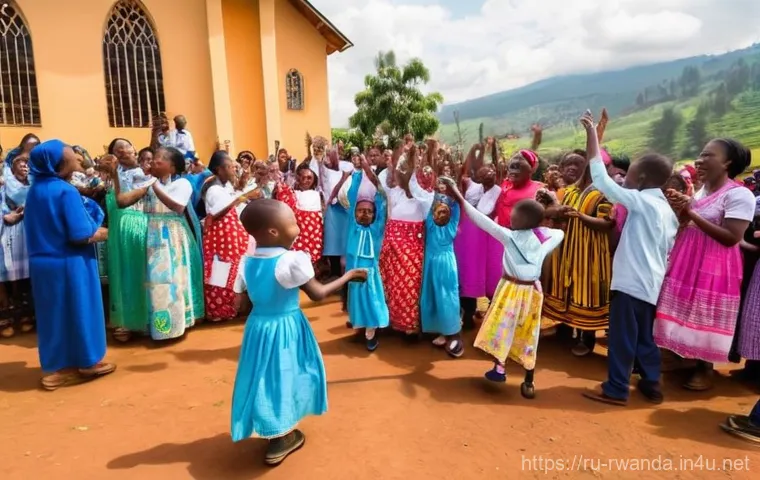르완다의 종교 축제 - **Prompt:** A vibrant and joyful Christian Easter celebration in rural Rwanda. A diverse group of Rw...