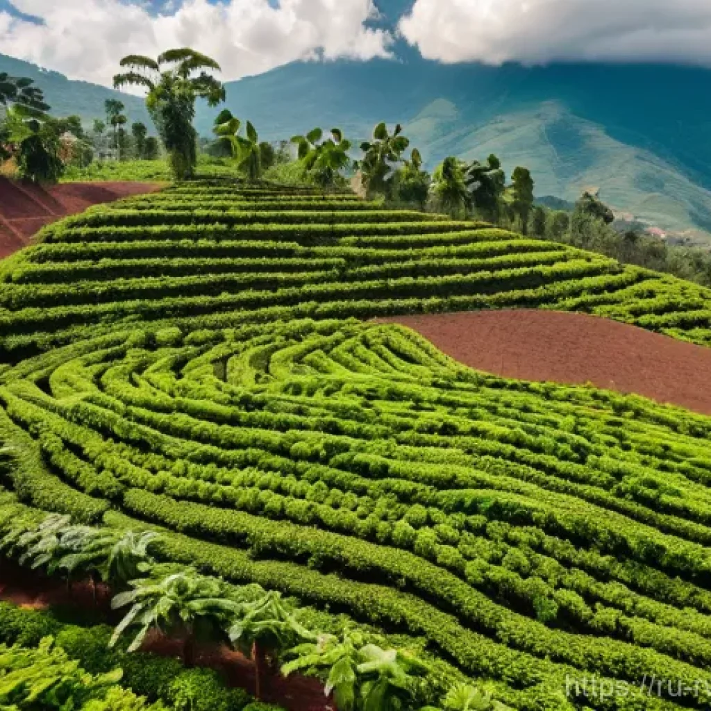 르완다의 주요 농산물 - **Prompt 1: "A vibrant, wide-angle shot of a Rwandan coffee cooperative farm. In the foreground, Rwa...