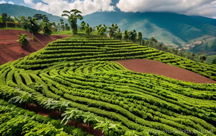 르완다의 주요 농산물 - **Prompt 1: "A vibrant, wide-angle shot of a Rwandan coffee cooperative farm. In the foreground, Rwa...