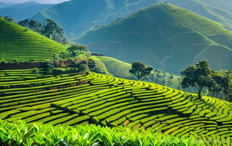 르완다의 주요 농산물 - **Prompt 1: "A vibrant, wide-angle shot of a Rwandan coffee cooperative farm. In the foreground, Rwa...