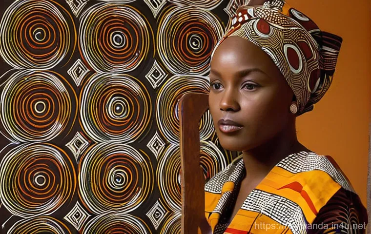 르완다에서의 지역 예술 전시 - **Imigongo Art Studio Scene**
    Prompt: "A close-up, brightly lit studio shot of a Rwandan woman a...