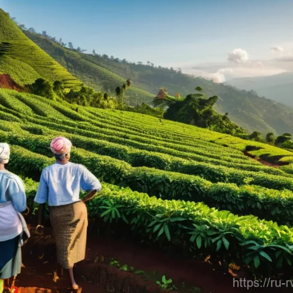 르완다 커피 농장 체험 - **Prompt:** A wide shot of a vibrant, high-altitude Rwandan coffee plantation at sunrise. Rolling gr...