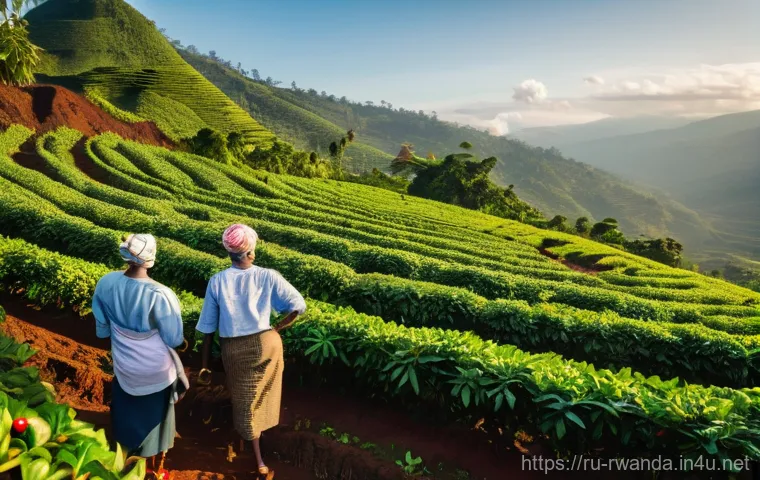 르완다 커피 농장 체험 - **Prompt:** A wide shot of a vibrant, high-altitude Rwandan coffee plantation at sunrise. Rolling gr...