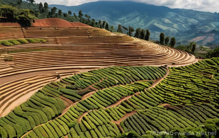 르완다 커피 농장 체험 - **Prompt:** A wide shot of a vibrant, high-altitude Rwandan coffee plantation at sunrise. Rolling gr...