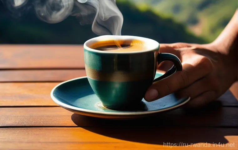 르완다 커피 농장 체험 - **Prompt:** An aerial perspective of a Rwandan coffee processing station, showcasing numerous raised...