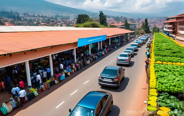 르완다 주요 뉴스 - **A Bustling, Futuristic Kigali Street Scene:**
    An aerial wide shot capturing a vibrant and mode...