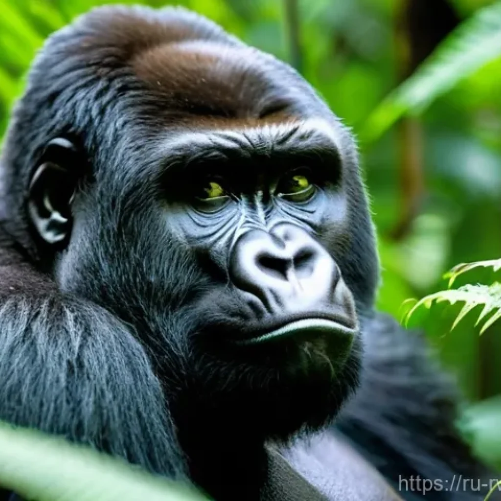르완다의 주요 산 - **Awe-Inspiring Mountain Gorilla Encounter:**
    A magnificent silverback mountain gorilla is captu...