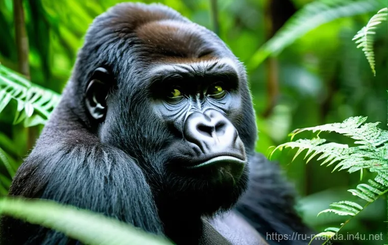 르완다의 주요 산 - **Awe-Inspiring Mountain Gorilla Encounter:**
    A magnificent silverback mountain gorilla is captu...