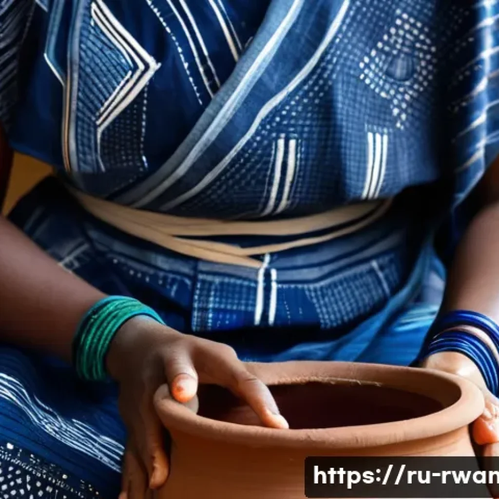 르완다에서의 전통 염색 공예 - A close-up shot of a Rwandan woman's hands, adorned with simple bracelets, gently immersing a piece ...