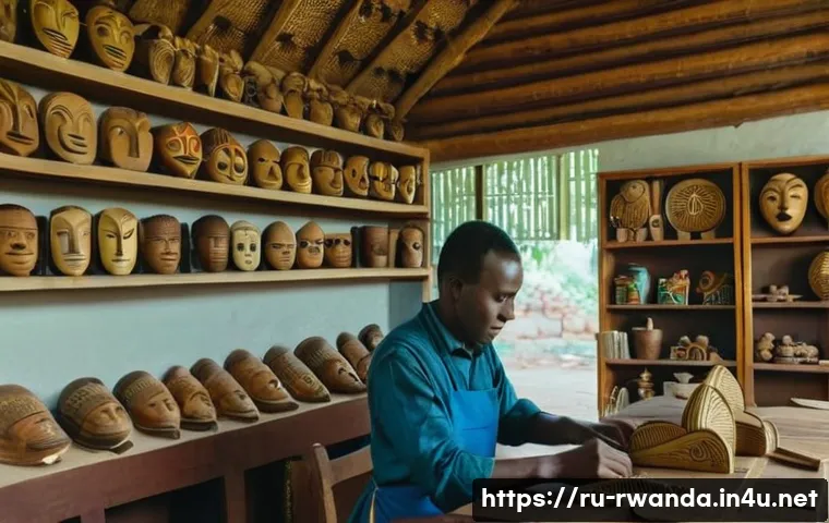 르완다의 주요 문화유산 보호정책 - A traditional Rwandan craftsman workshop in Kigali, featuring skilled artisans carefully restoring w...