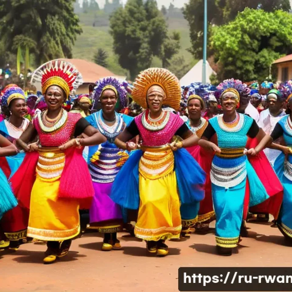 르완다의 주요 민속 춤 대회 일정 - A vibrant scene from the Njamwe festival in Kigali, showcasing a large group of dancers in colorful ...