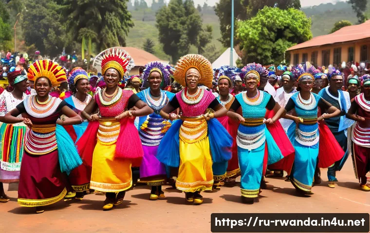 르완다의 주요 민속 춤 대회 일정 - A vibrant scene from the Njamwe festival in Kigali, showcasing a large group of dancers in colorful ...