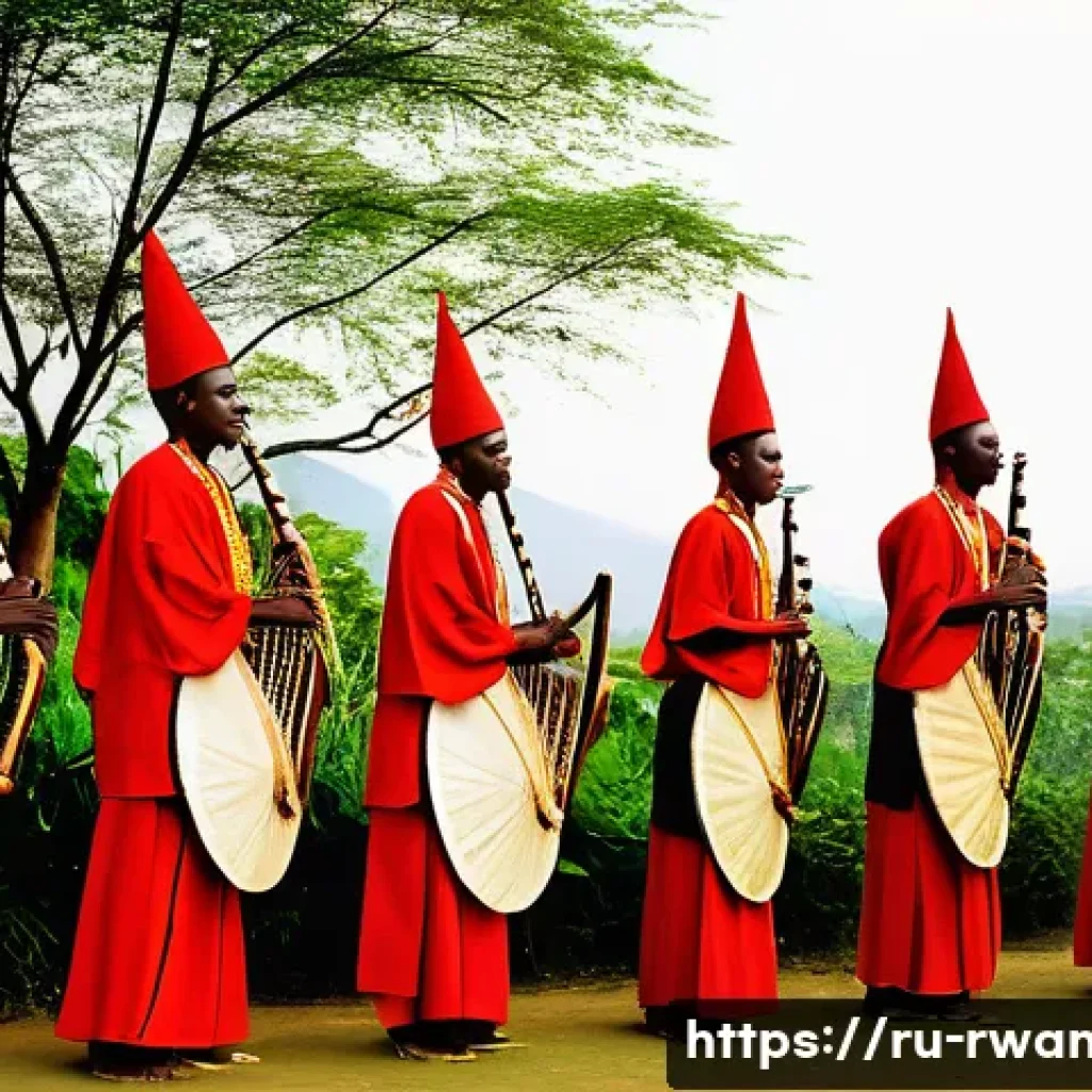 르완다의 전통 음악 축제 - A vibrant traditional Rwandan musical ceremony scene featuring skilled musicians playing large inker...