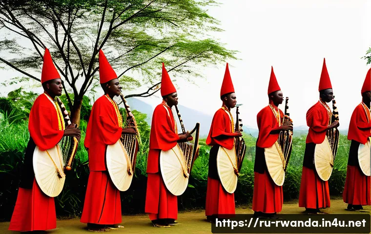 르완다의 전통 음악 축제 - A vibrant traditional Rwandan musical ceremony scene featuring skilled musicians playing large inker...