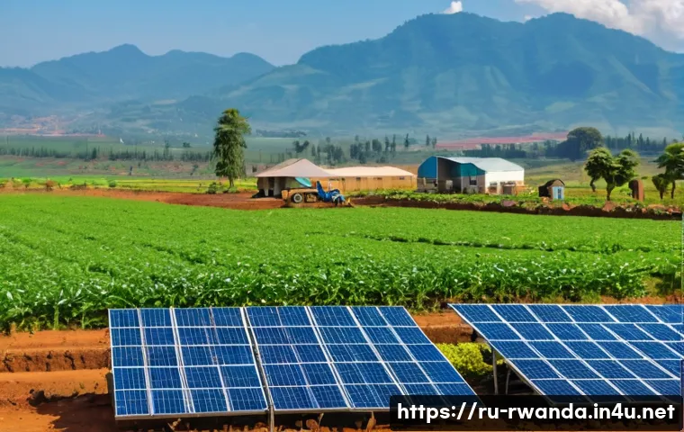 르완다 비즈니스 기회 - A modern Rwandan agricultural scene showcasing farmers using advanced drip irrigation systems and au...