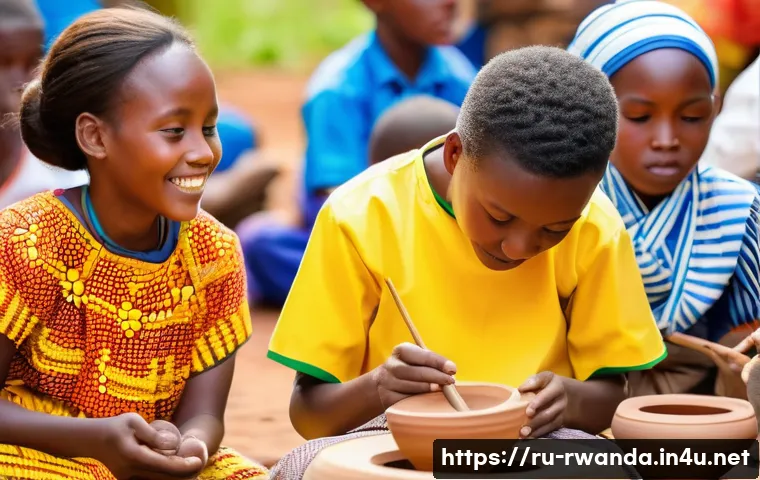 르완다의 문화 보존 노력 - A vibrant Rwandan cultural festival scene featuring traditionally dressed artisans demonstrating anc...