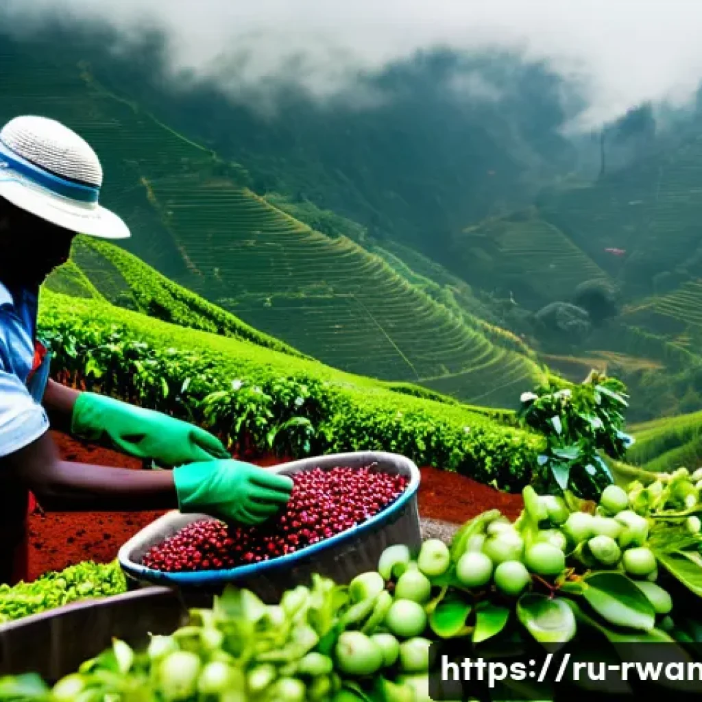 르완다 수출 주요 품목 - A high-altitude Rwandan coffee farm scene featuring local farmers carefully hand-picking ripe coffee...